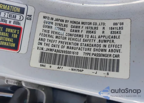 2009 Honda Civic z USA, uszkodzony, nr VIN JHMFA36269F001610